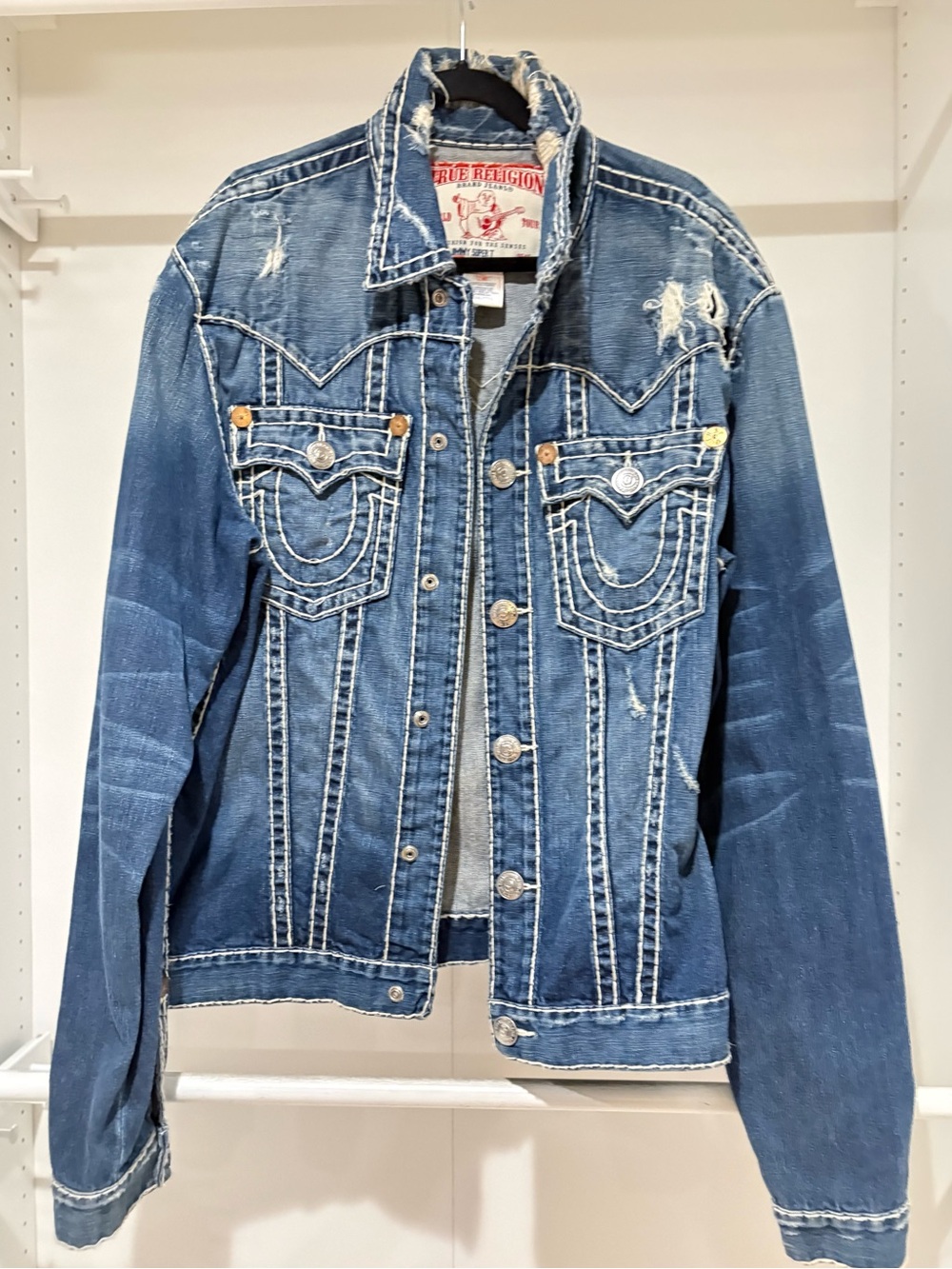 True Religion Denim Jacket Men’s 3XL Distressed Big Stitch Trucker Jean Jacket